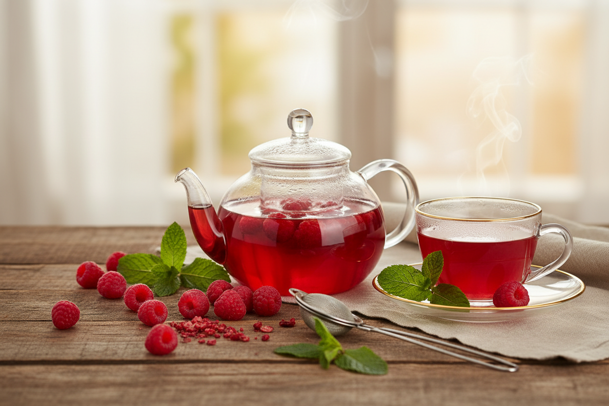 Tea set with raspberry tea on a wooden table